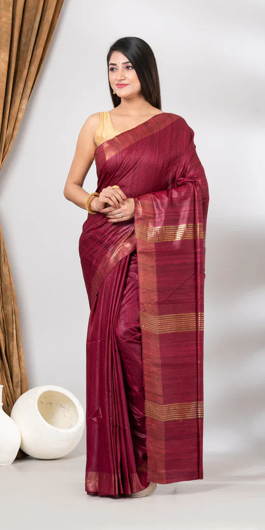 MARRON COLOUR JARI PALLU TUSSAR GICCHA SILK SAREE