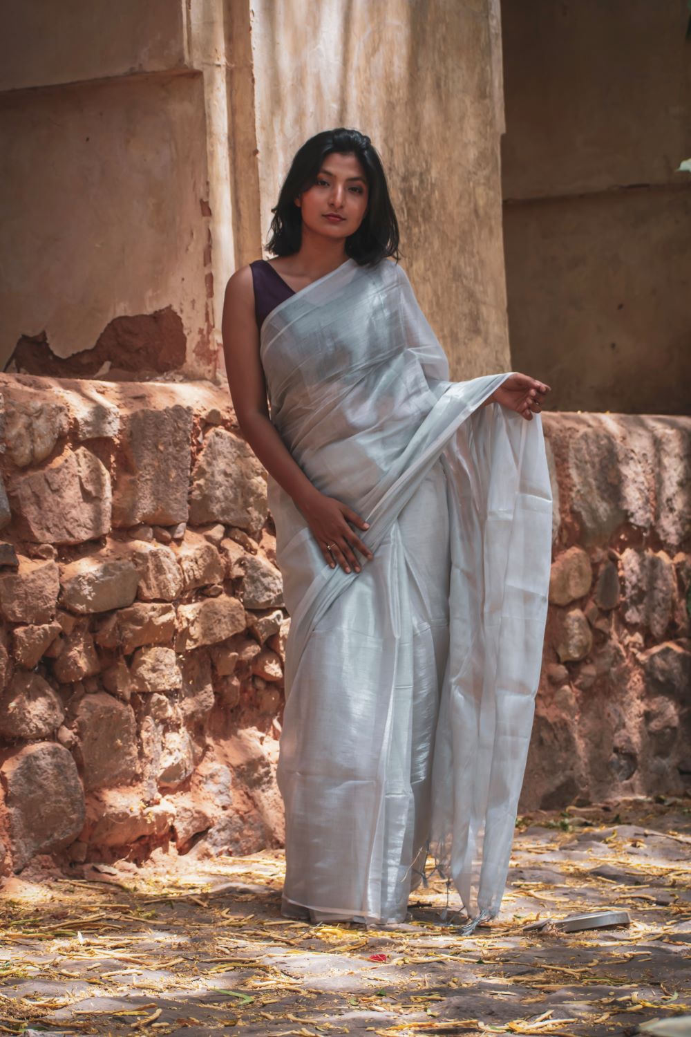 Silver Colour Tissue Cotton Saree