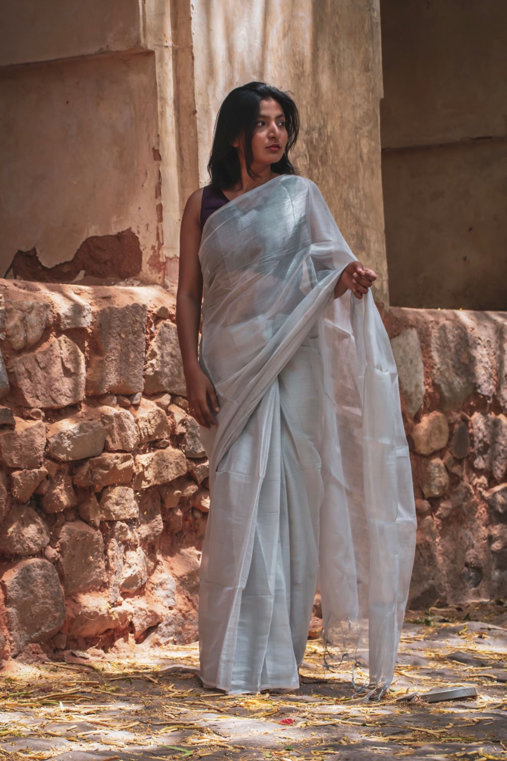 Silver Colour Tissue Cotton Saree