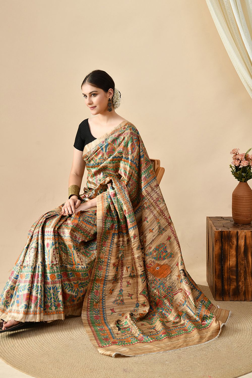 Elegant Handwoven eco-friendly pure tussar silk saree of 6.5 mtr length. Dry clean recommended to maintain quality. Ideal for online shopping.