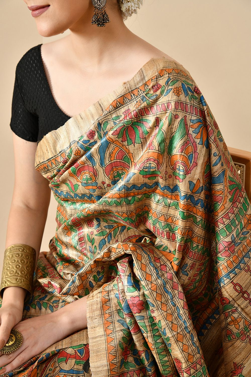 Elegant Handwoven eco-friendly pure tussar silk saree of 6.5 mtr length. Dry clean recommended to maintain quality. Ideal for online shopping.