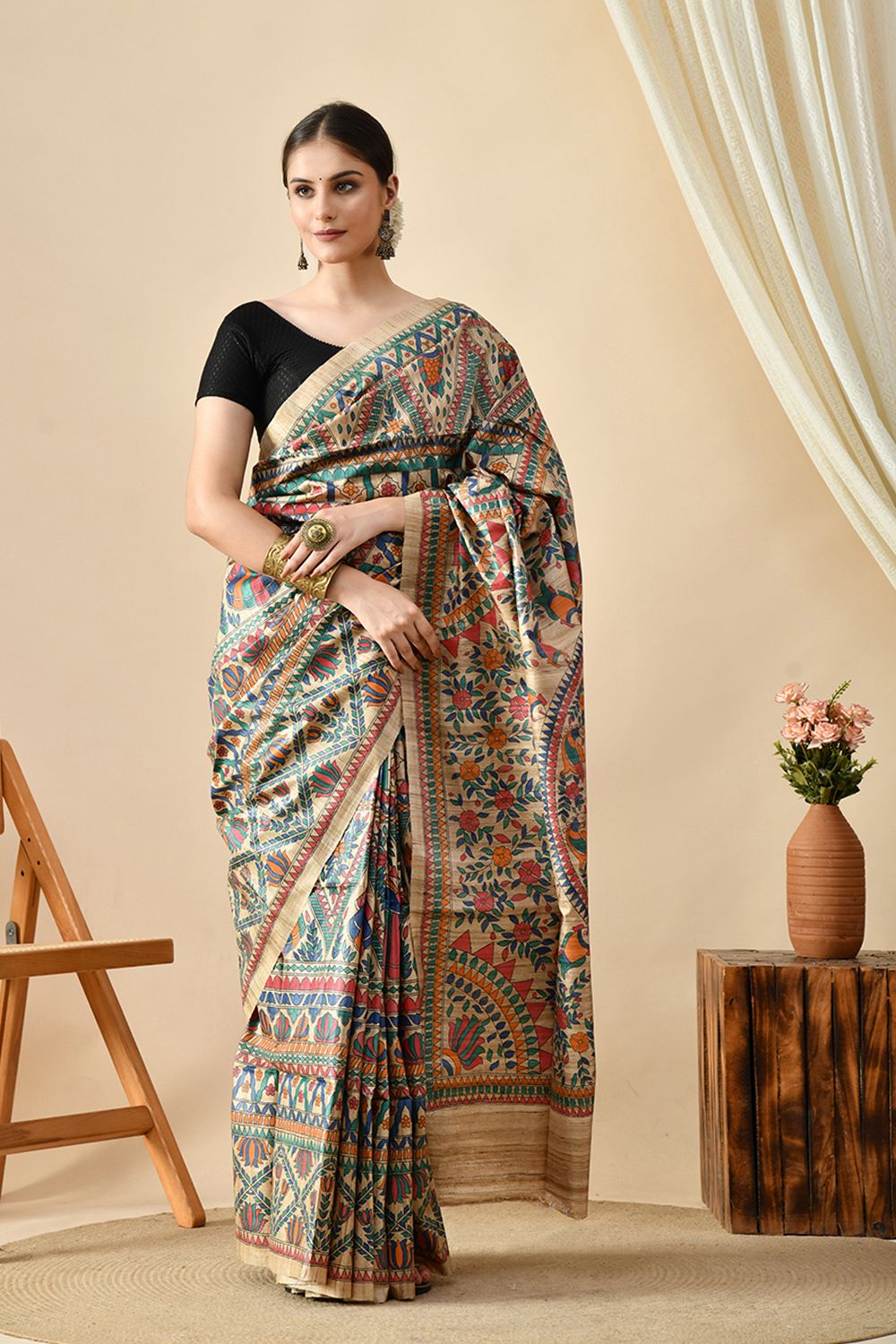 Handwoven eco-friendly pure tussar silk saree of length 6.5 mtr. Perfect for online shopping and uses natural dye. Dry clean recommended.