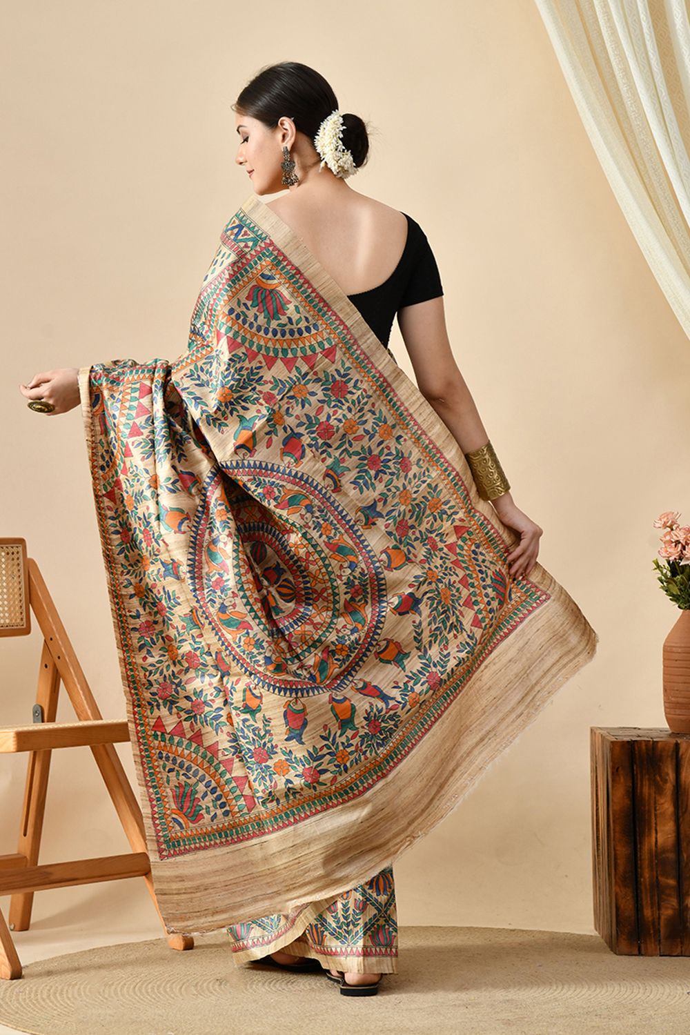 Handwoven eco-friendly pure tussar silk saree of length 6.5 mtr. Perfect for online shopping and uses natural dye. Dry clean recommended.