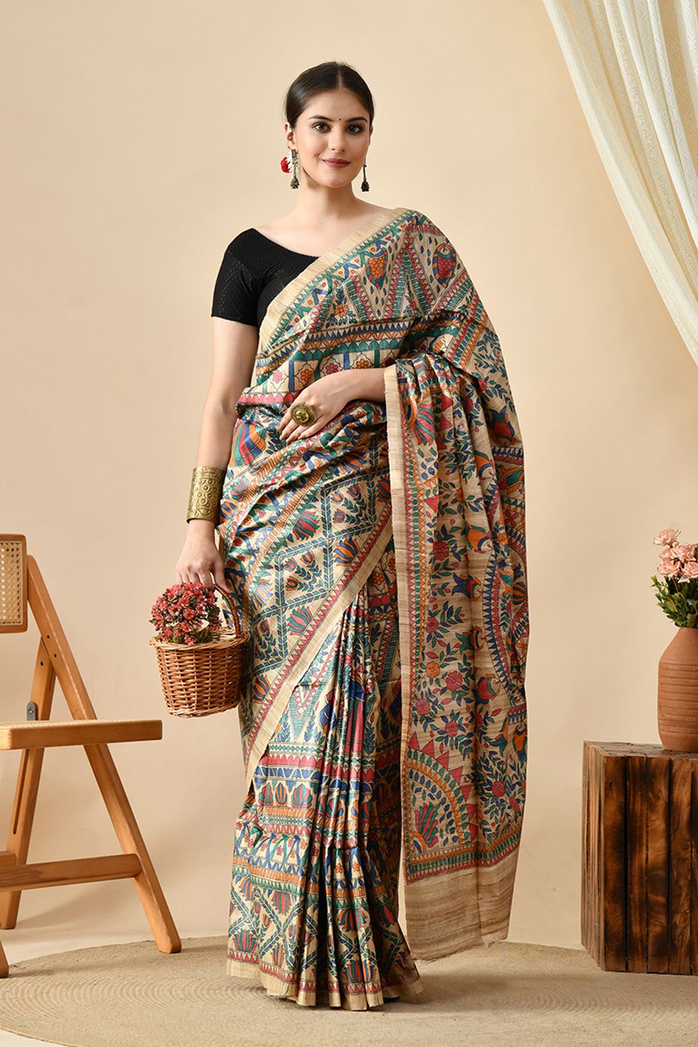 Handwoven eco-friendly pure tussar silk saree of length 6.5 mtr. Perfect for online shopping and uses natural dye. Dry clean recommended.