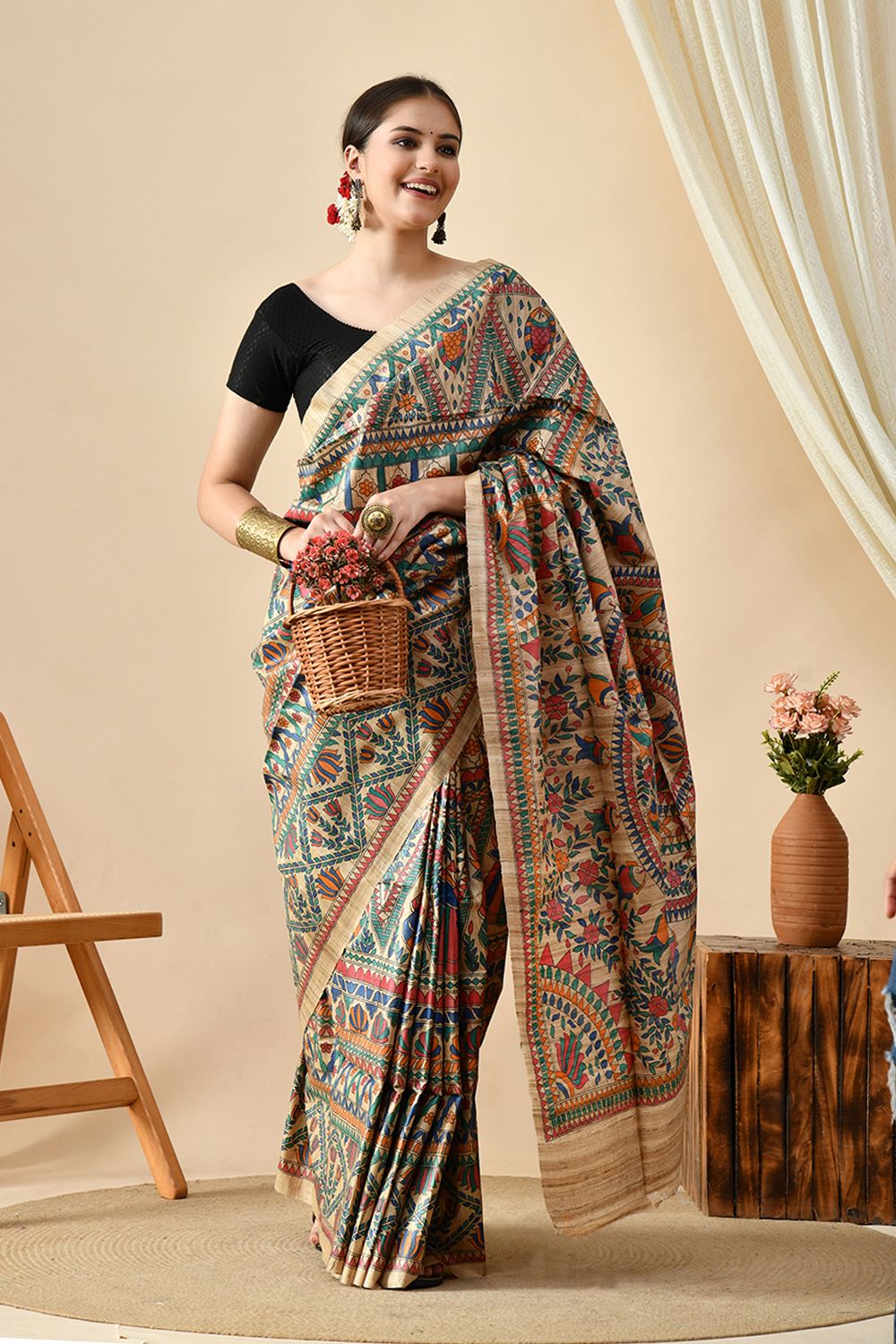 Handwoven eco-friendly pure tussar silk saree of length 6.5 mtr. Perfect for online shopping and uses natural dye. Dry clean recommended.