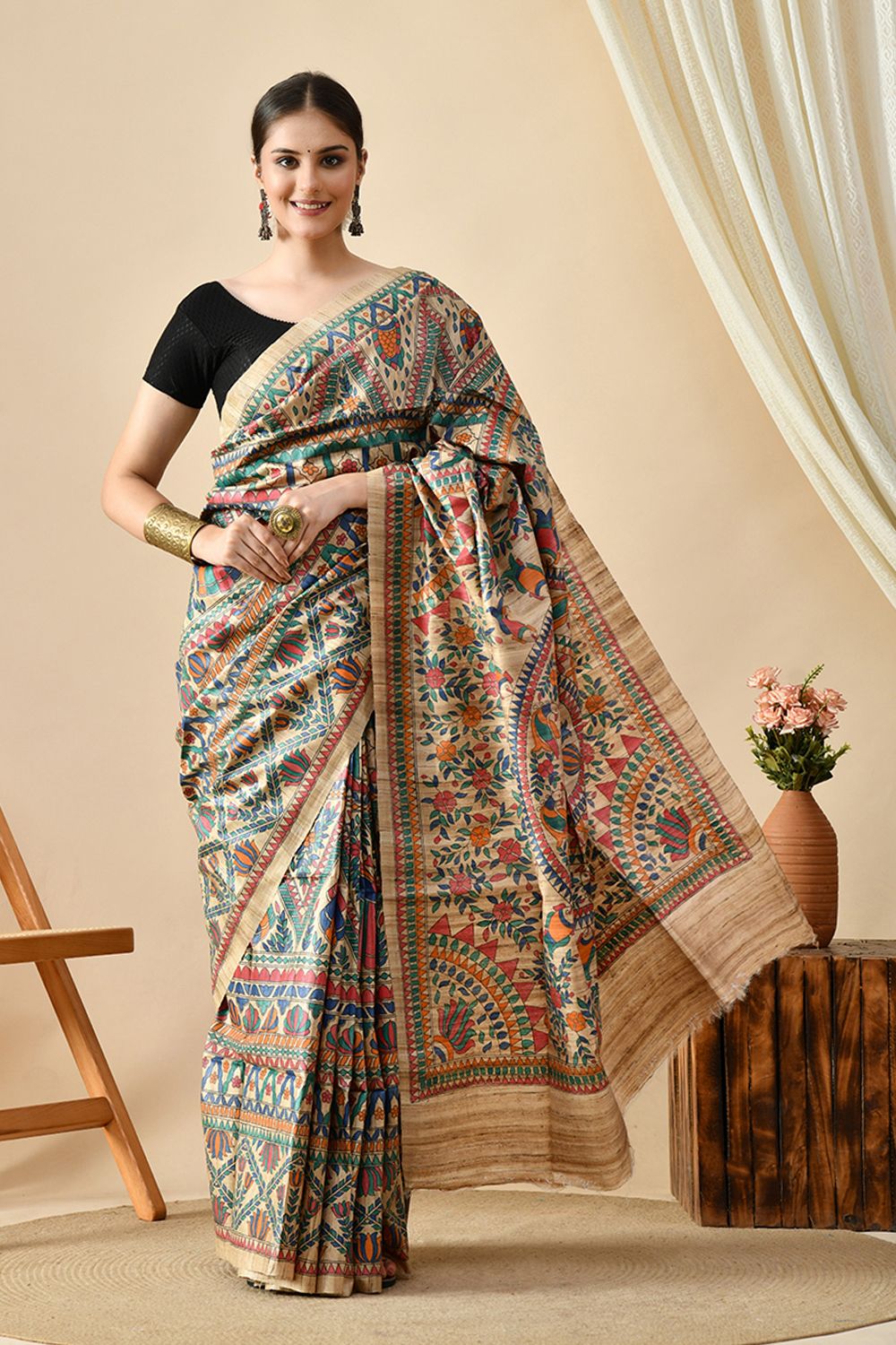 Handwoven eco-friendly pure tussar silk saree of length 6.5 mtr. Perfect for online shopping and uses natural dye. Dry clean recommended.