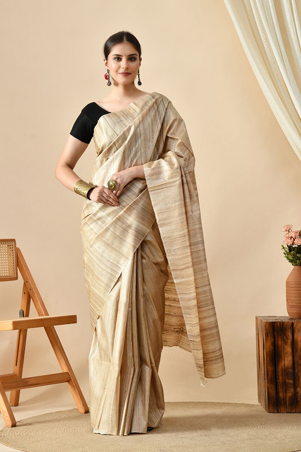 Elegant handwoven pure tussar silk saree, perfect for eco-conscious fashion, available for online purchase