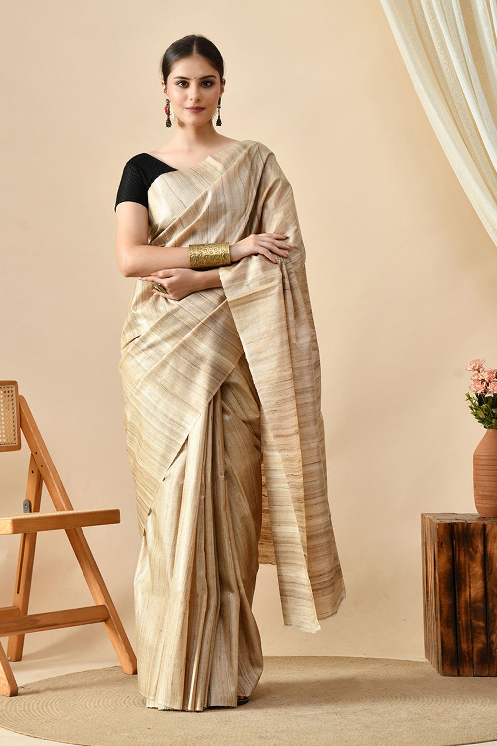 Elegant handwoven pure tussar silk saree, perfect for eco-conscious fashion, available for online purchase