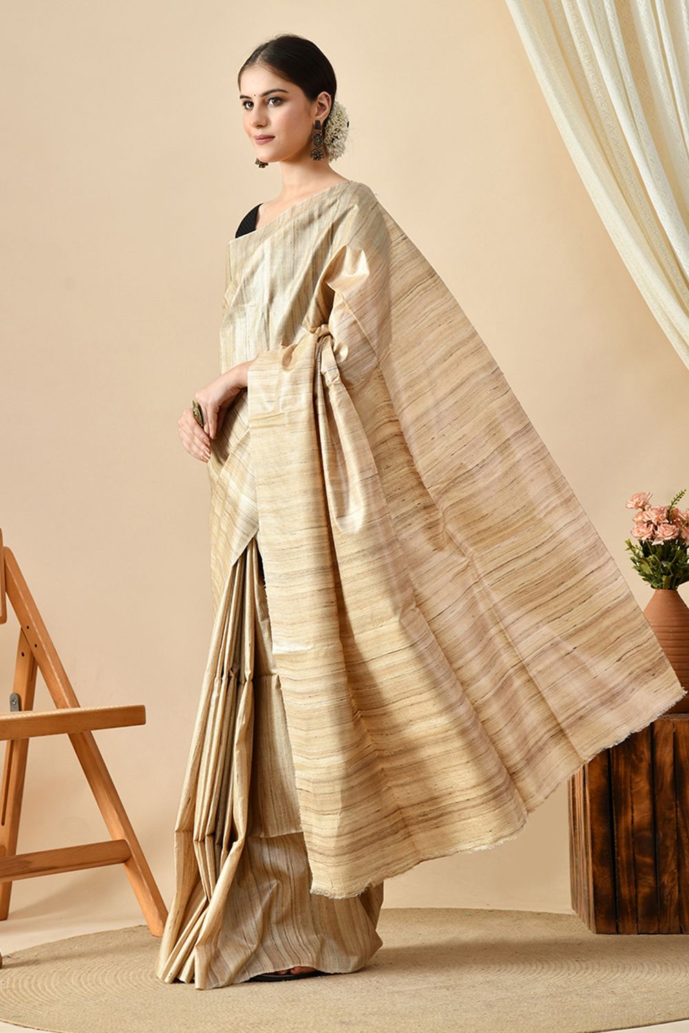 Elegant handwoven pure tussar silk saree, perfect for eco-conscious fashion, available for online purchase