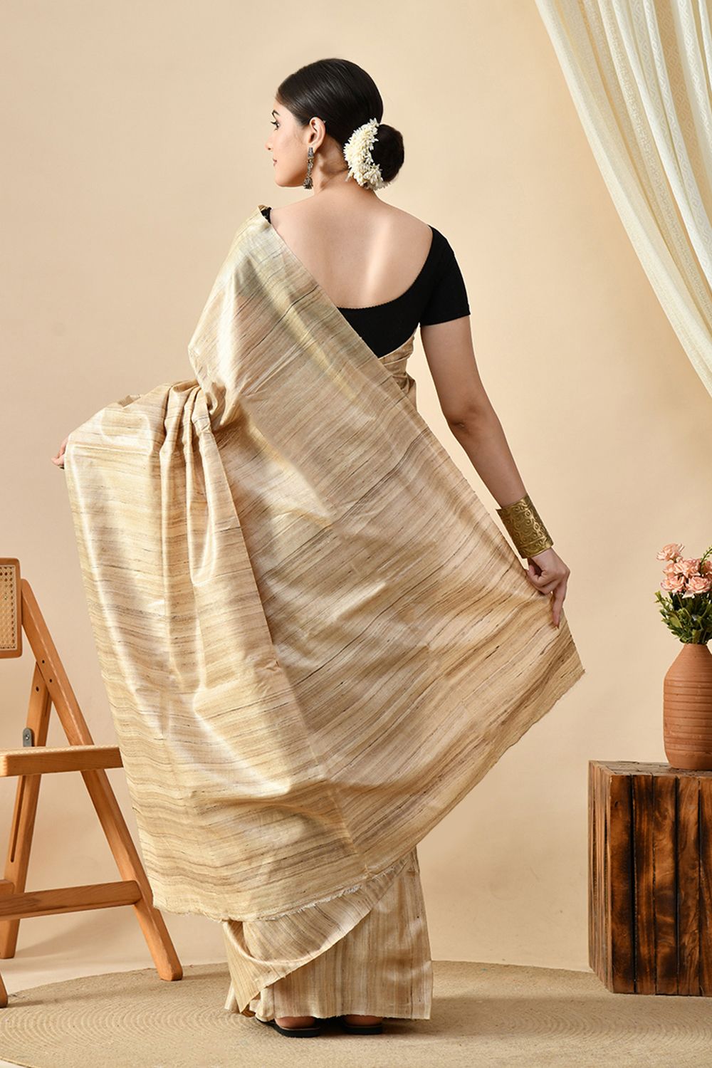 Elegant handwoven pure tussar silk saree, perfect for eco-conscious fashion, available for online purchase