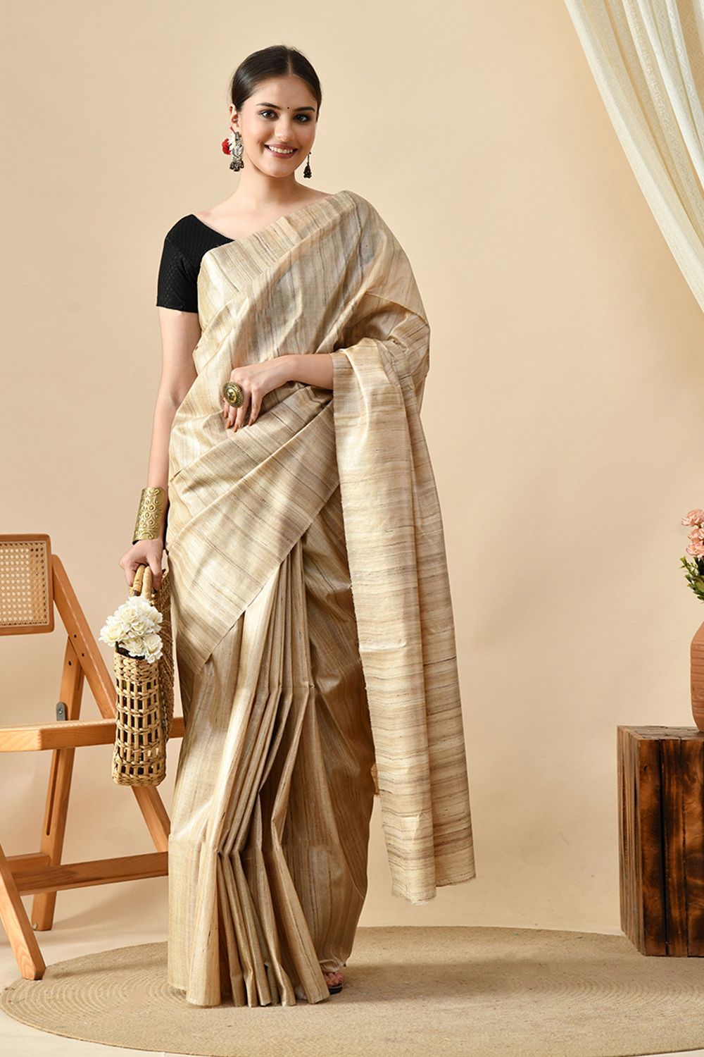 Elegant handwoven pure tussar silk saree, perfect for eco-conscious fashion, available for online purchase