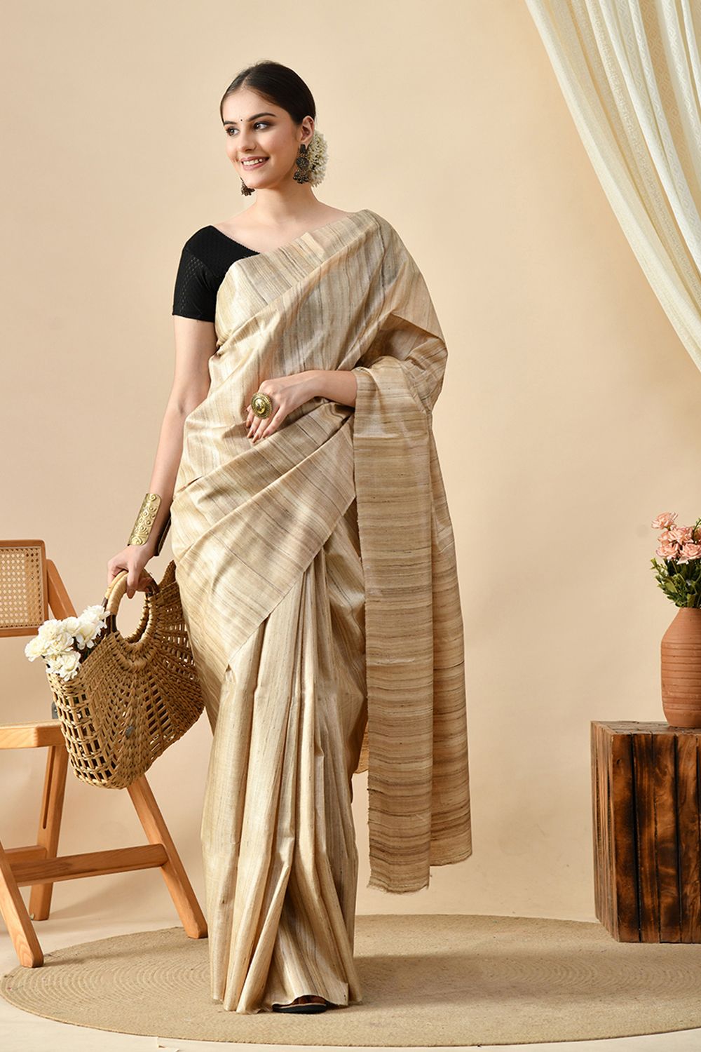Elegant handwoven pure tussar silk saree, perfect for eco-conscious fashion, available for online purchase