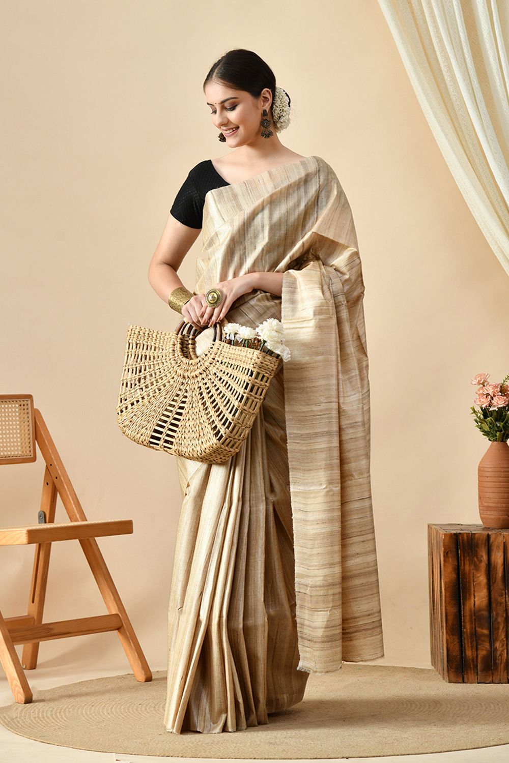 Elegant handwoven pure tussar silk saree, perfect for eco-conscious fashion, available for online purchase