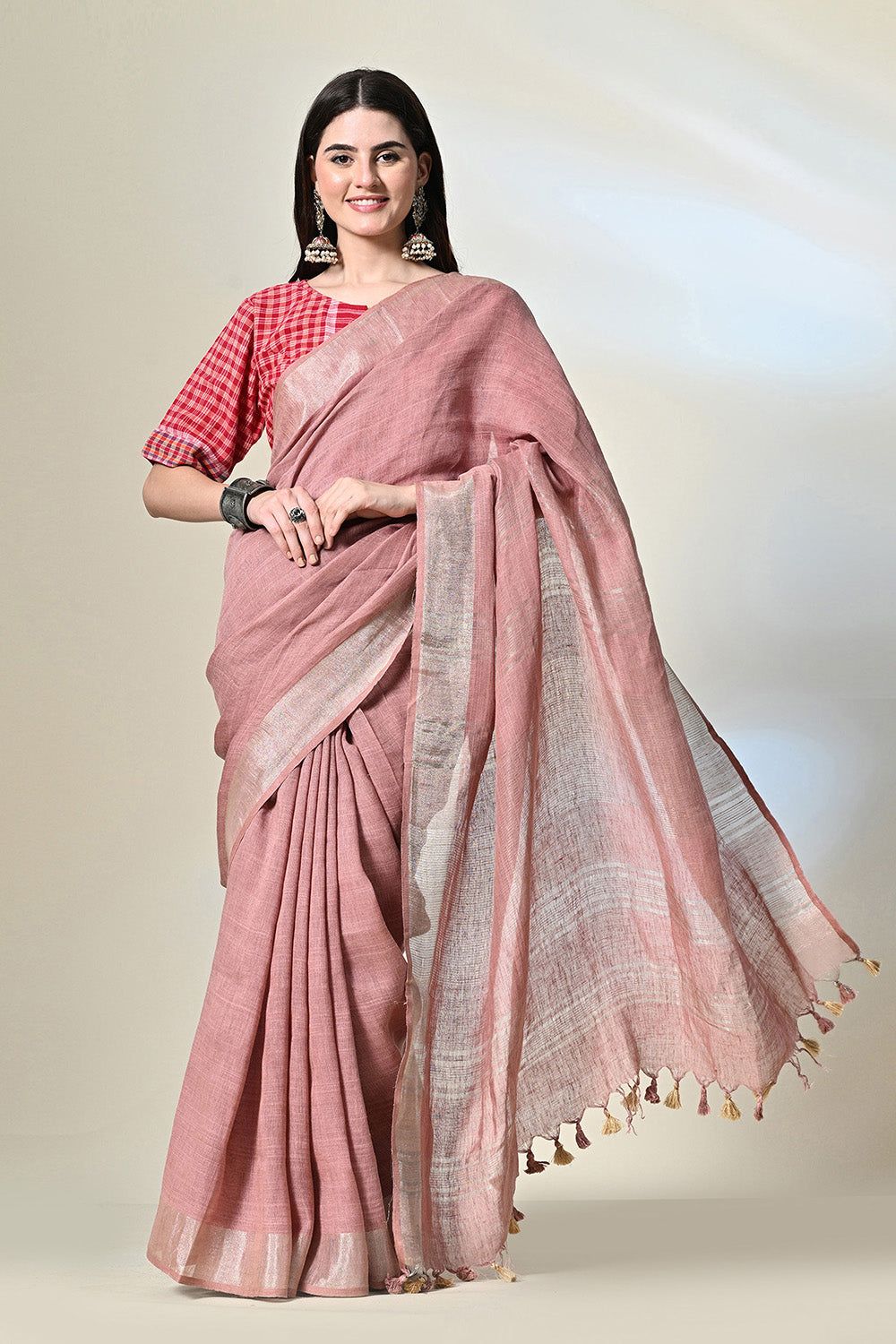 Elegant pink colour pure linen saree, dyed organically with Manjistha, a traditional Indian attire