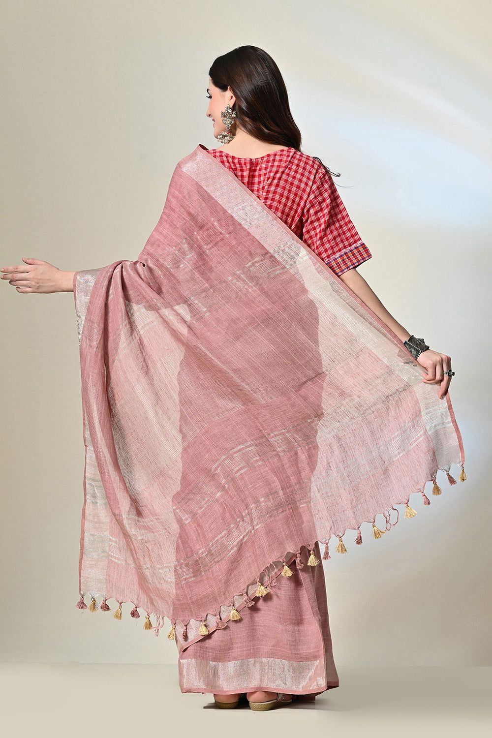 Elegant pink colour pure linen saree, dyed organically with Manjistha, a traditional Indian attire