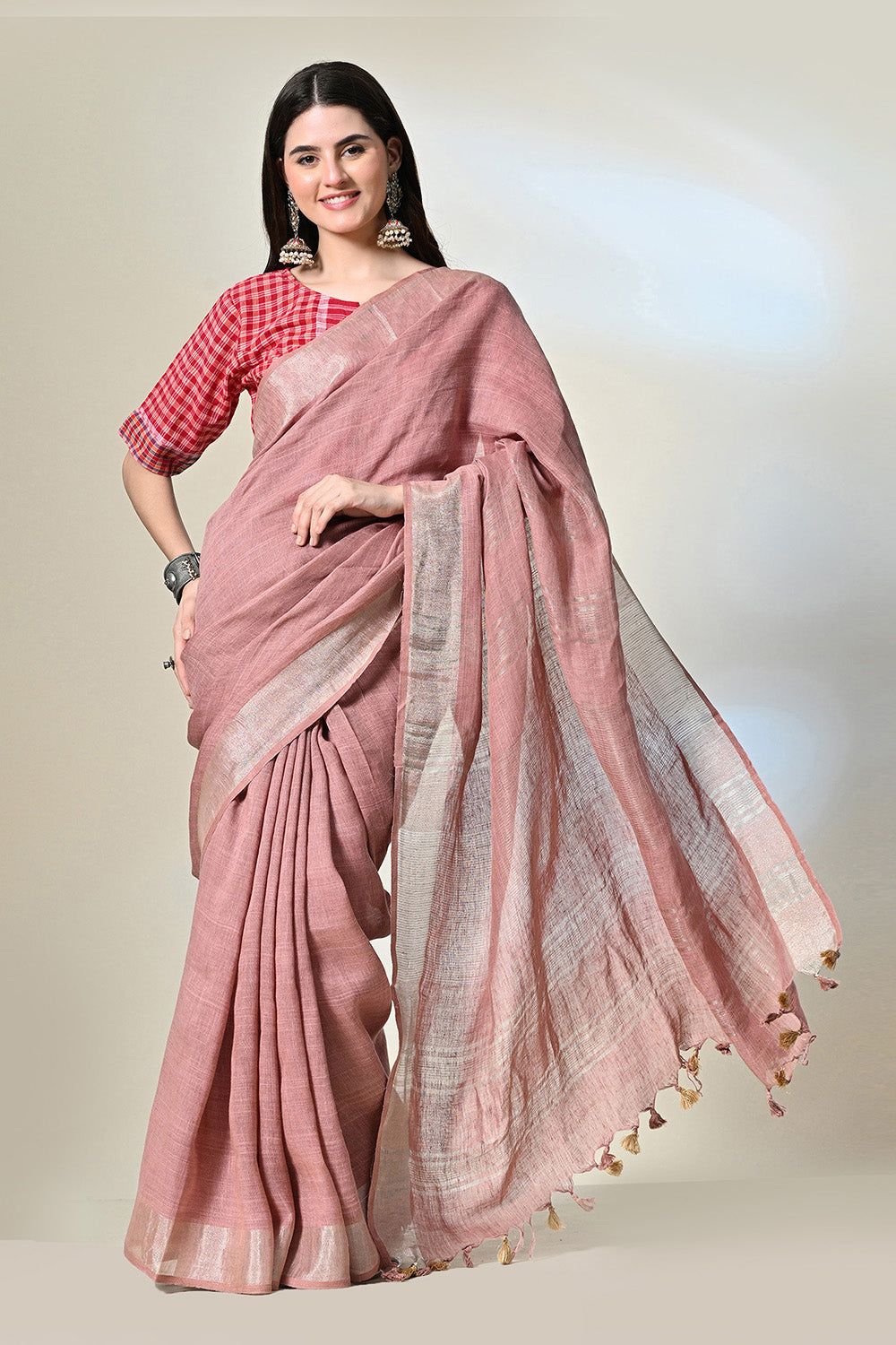 Elegant pink colour pure linen saree, dyed organically with Manjistha, a traditional Indian attire