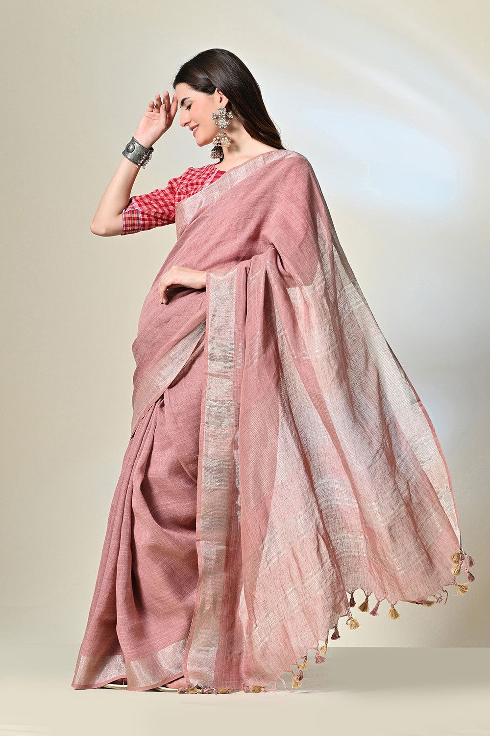 Elegant pink colour pure linen saree, dyed organically with Manjistha, a traditional Indian attire