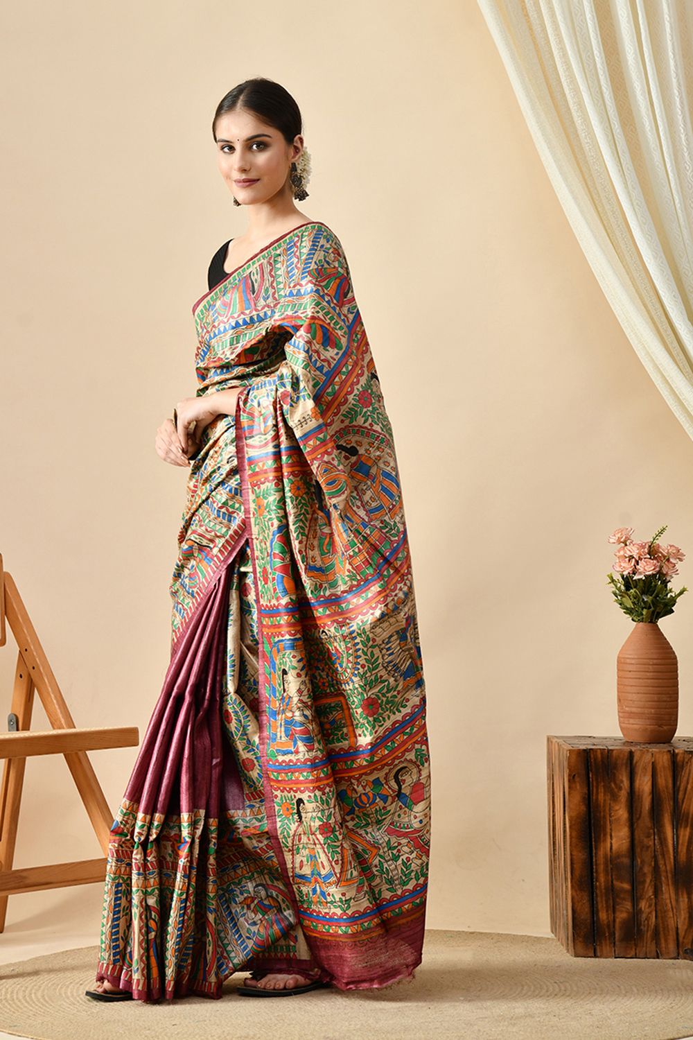 Eco-friendly pure tussar silk saree, handwoven with natural dye, 6.5m length. Purchase online for a luxurious, quality fabric. Dry clean recommended.