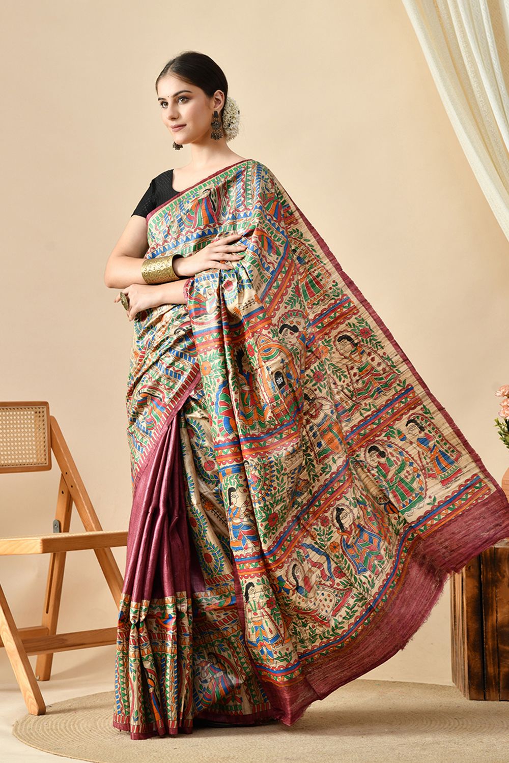 Eco-friendly pure tussar silk saree, handwoven with natural dye, 6.5m length. Purchase online for a luxurious, quality fabric. Dry clean recommended.