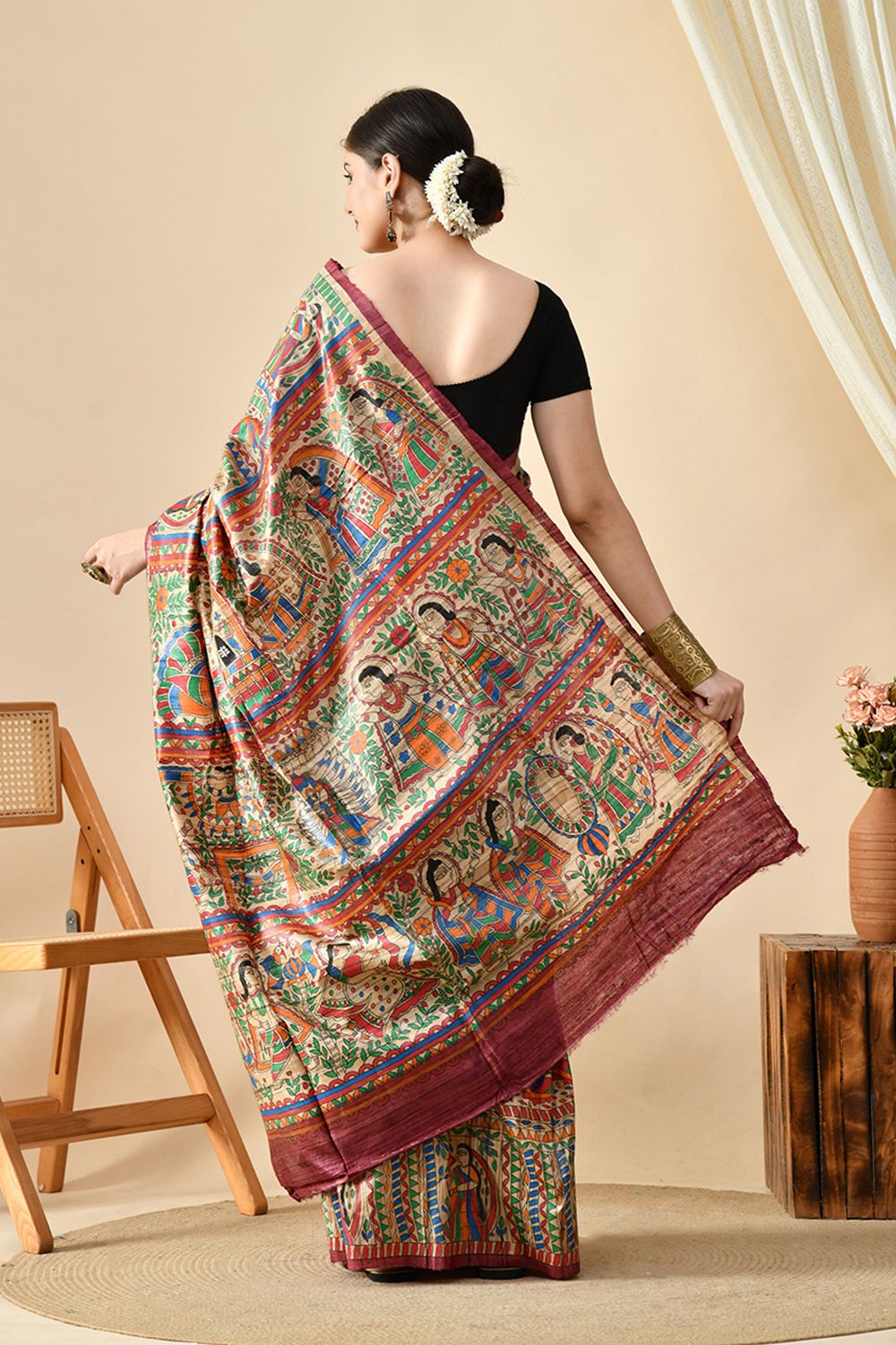 Eco-friendly pure tussar silk saree, handwoven with natural dye, 6.5m length. Purchase online for a luxurious, quality fabric. Dry clean recommended.