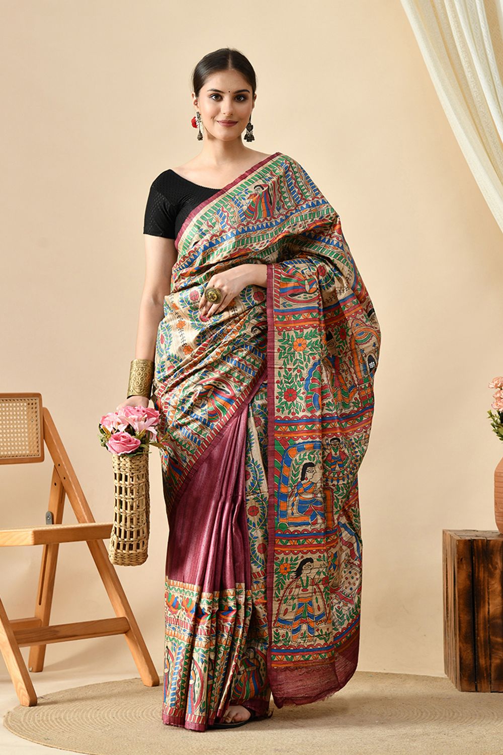 Eco-friendly pure tussar silk saree, handwoven with natural dye, 6.5m length. Purchase online for a luxurious, quality fabric. Dry clean recommended.