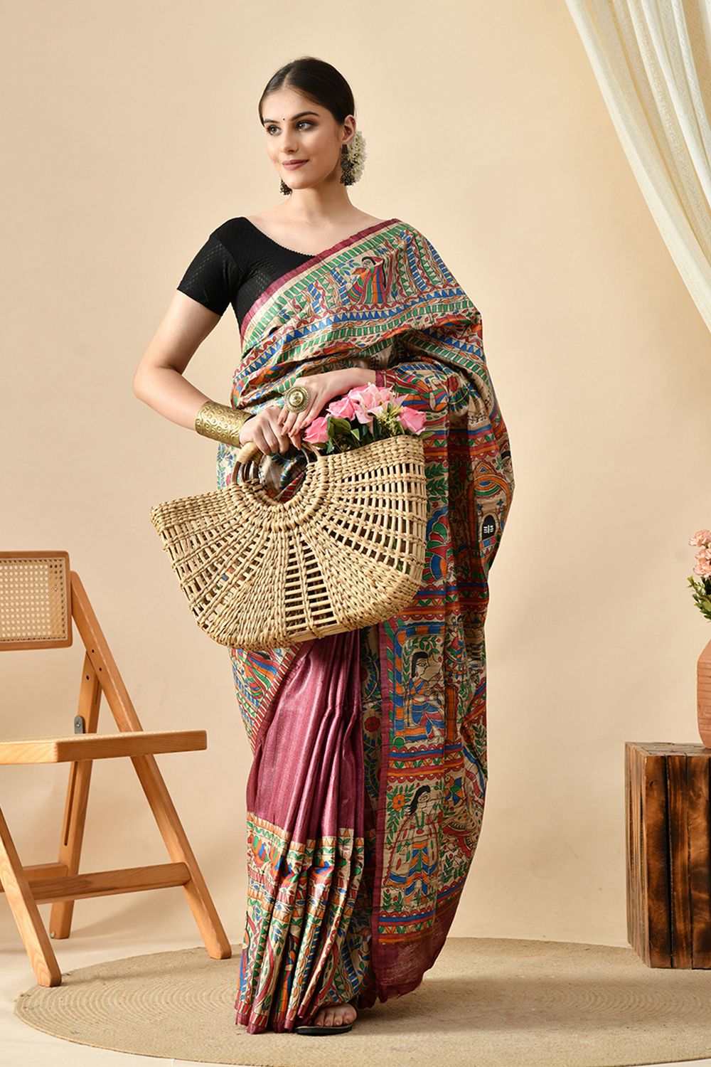 Eco-friendly pure tussar silk saree, handwoven with natural dye, 6.5m length. Purchase online for a luxurious, quality fabric. Dry clean recommended.