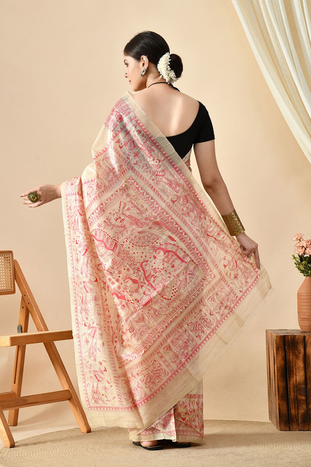 Handwoven eco-friendly pure tussar silk saree in natural dye, 6.5 mtrs long, dry clean recommended