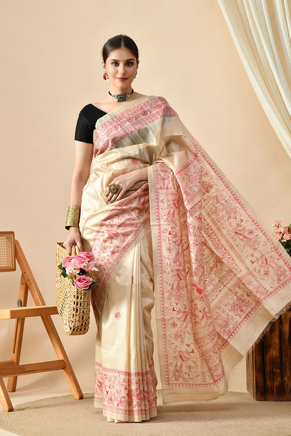Handwoven eco-friendly pure tussar silk saree in natural dye, 6.5 mtrs long, dry clean recommended