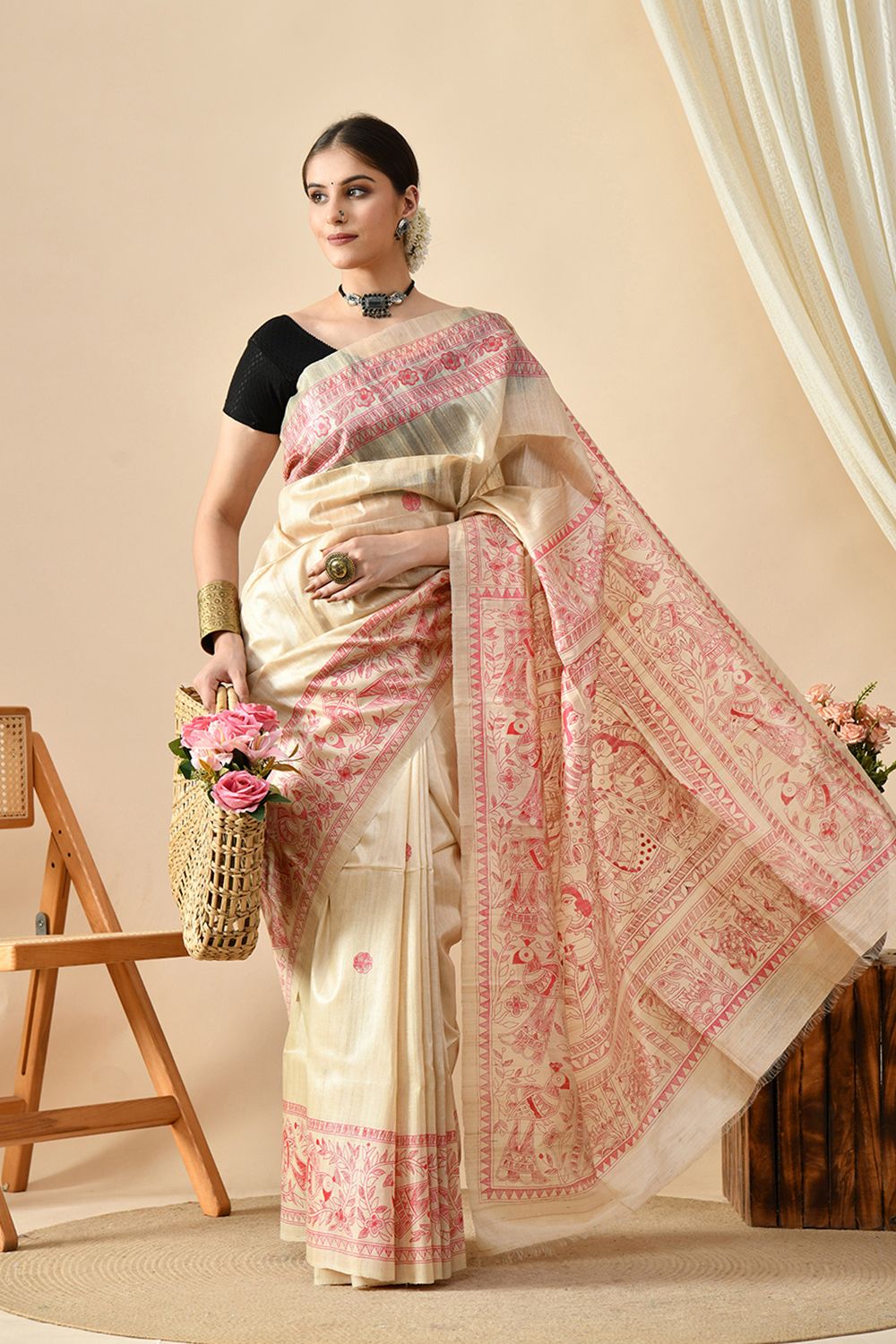Handwoven eco-friendly pure tussar silk saree in natural dye, 6.5 mtrs long, dry clean recommended