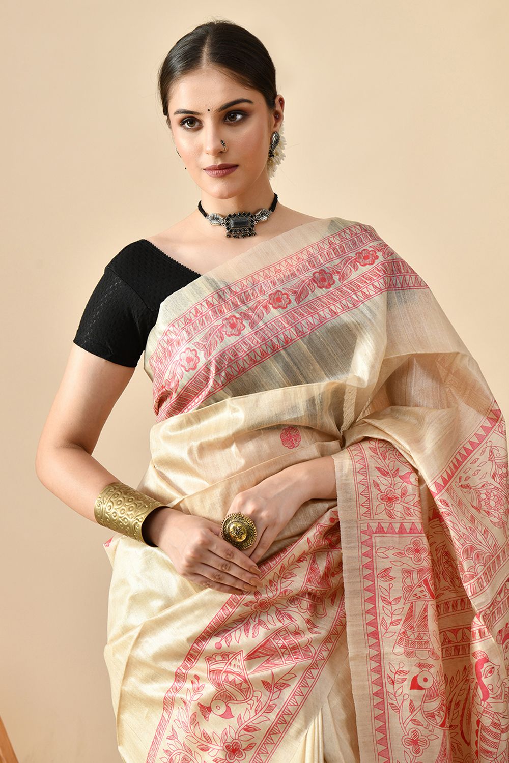 Handwoven eco-friendly pure tussar silk saree in natural dye, 6.5 mtrs long, dry clean recommended