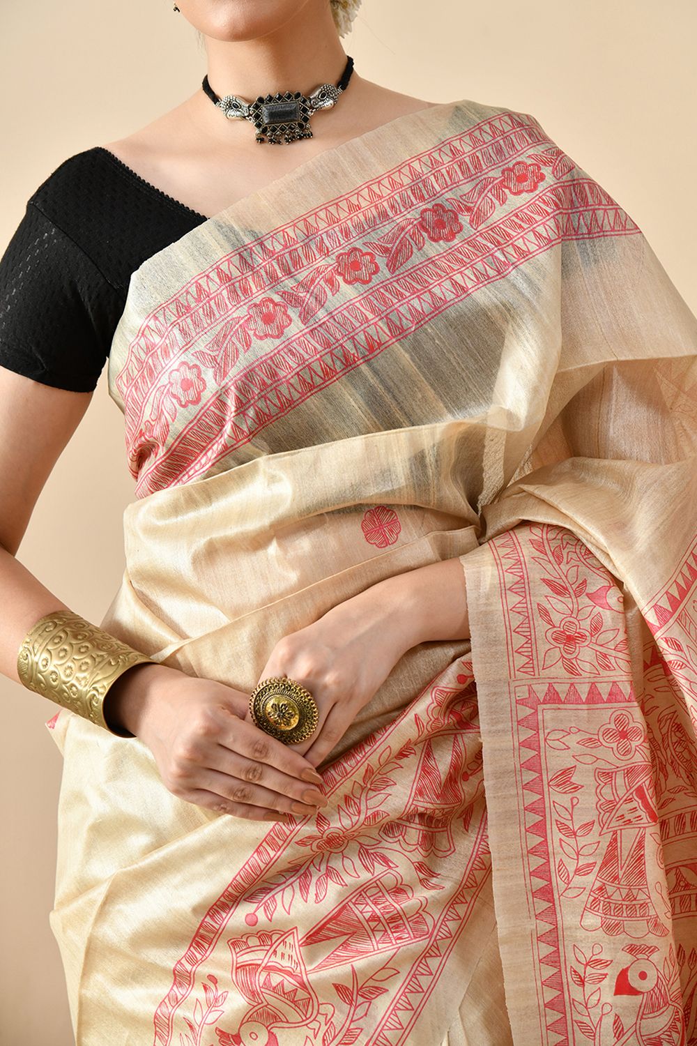Handwoven eco-friendly pure tussar silk saree in natural dye, 6.5 mtrs long, dry clean recommended