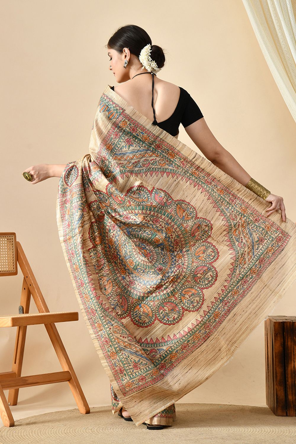 Handwoven pure tussar silk saree in natural dye, 6.5 meters long, perfect for dry clean care