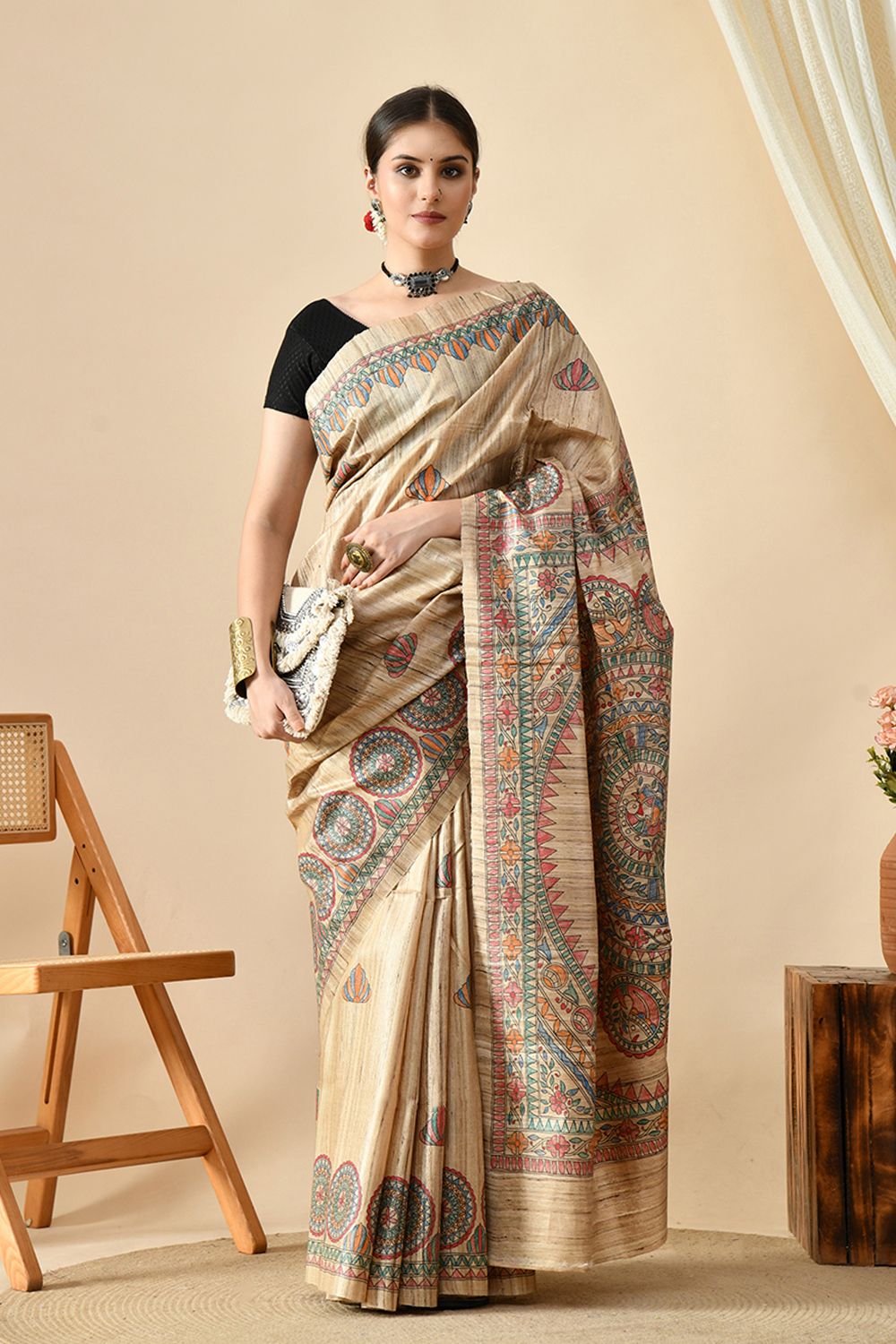 Handwoven pure tussar silk saree in natural dye, 6.5 meters long, perfect for dry clean care