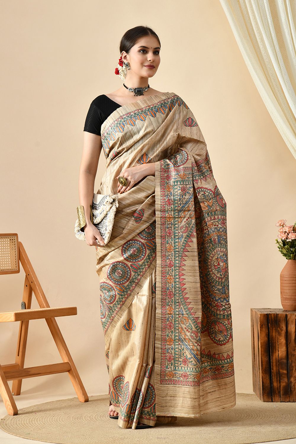 Handwoven pure tussar silk saree in natural dye, 6.5 meters long, perfect for dry clean care