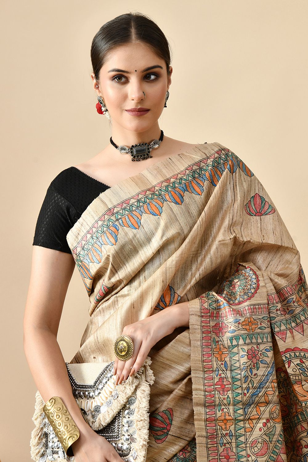 Handwoven pure tussar silk saree in natural dye, 6.5 meters long, perfect for dry clean care