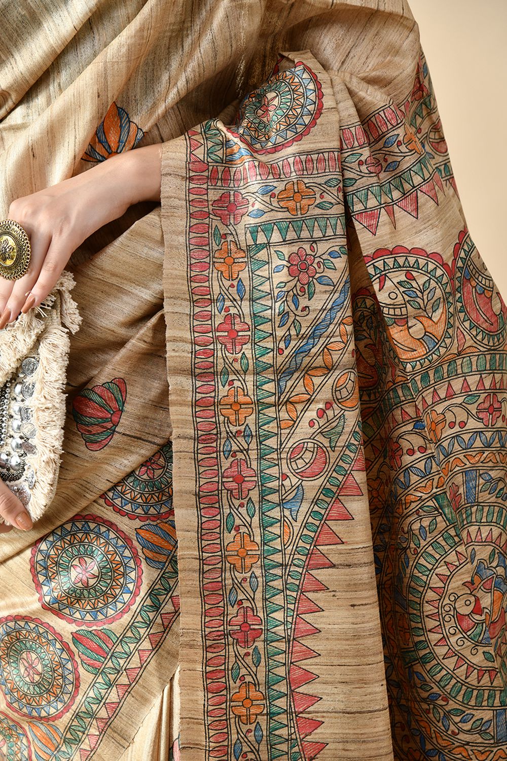 Handwoven pure tussar silk saree in natural dye, 6.5 meters long, perfect for dry clean care