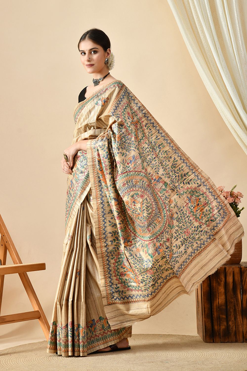 Handwoven eco-friendly pure tussar silk saree, ideal for dry clean, available for online shopping