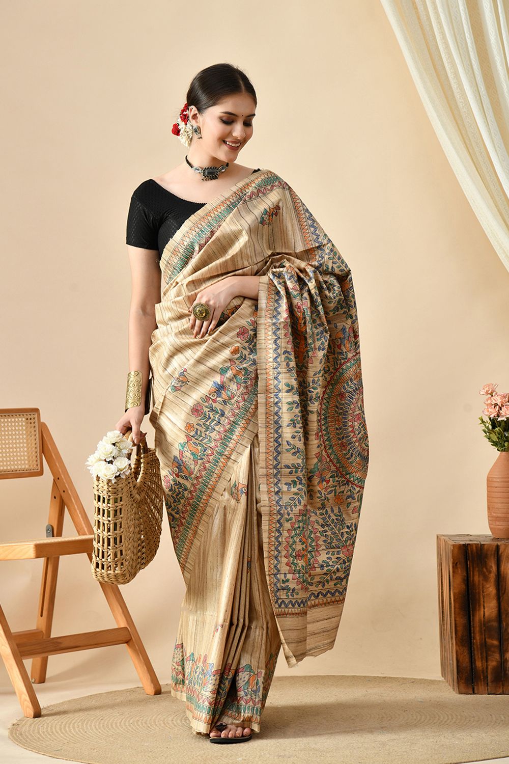 Handwoven eco-friendly pure tussar silk saree, ideal for dry clean, available for online shopping
