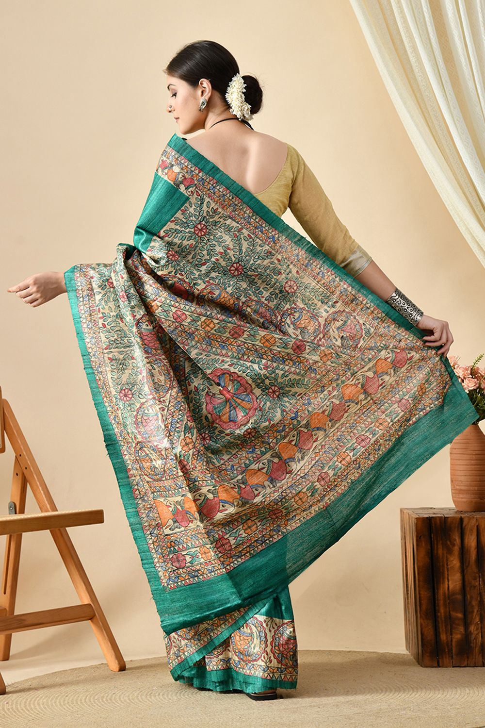 Elegant eco-friendly handwoven tussar silk saree in natural dye, 6.5 mtr length. Shop online, dry clean recommended for care.