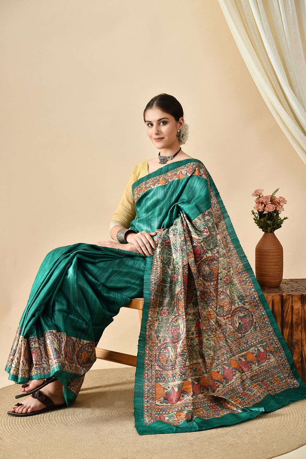 Elegant eco-friendly handwoven tussar silk saree in natural dye, 6.5 mtr length. Shop online, dry clean recommended for care.