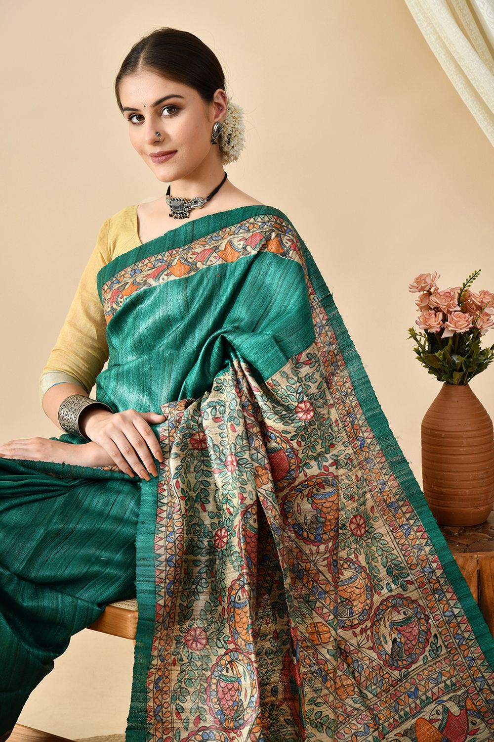 Elegant eco-friendly handwoven tussar silk saree in natural dye, 6.5 mtr length. Shop online, dry clean recommended for care.