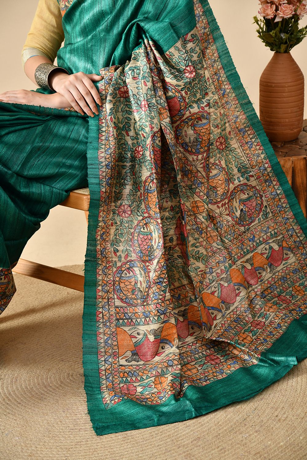 Elegant eco-friendly handwoven tussar silk saree in natural dye, 6.5 mtr length. Shop online, dry clean recommended for care.