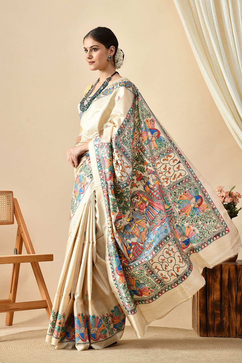 Handwoven pure tussar silk saree, eco-friendly, dry clean recommended, 6.5 meters long, available for online purchase