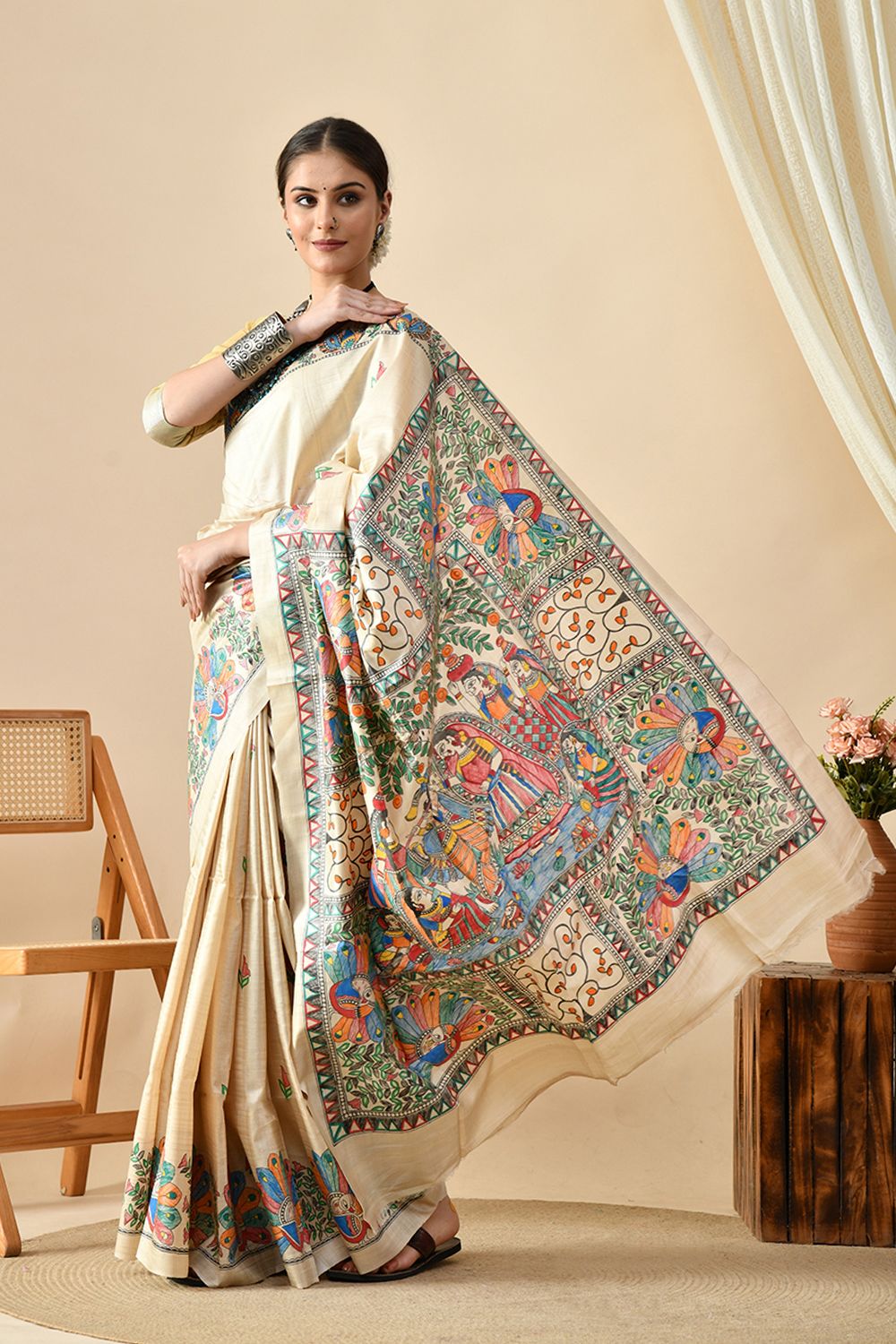 Handwoven pure tussar silk saree, eco-friendly, dry clean recommended, 6.5 meters long, available for online purchase
