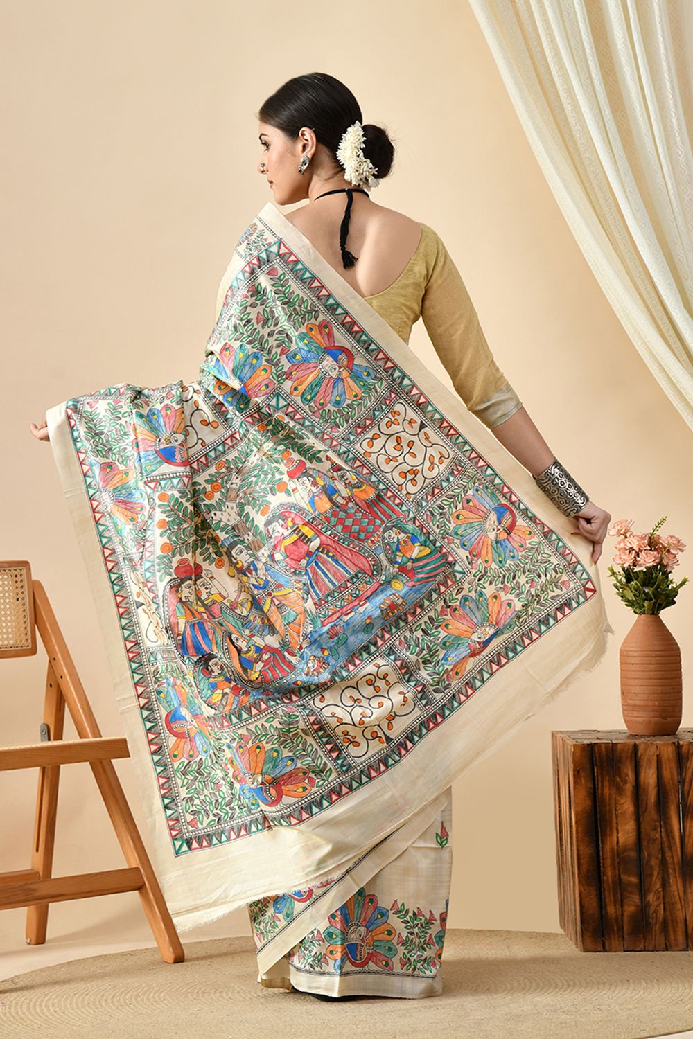 Handwoven pure tussar silk saree, eco-friendly, dry clean recommended, 6.5 meters long, available for online purchase