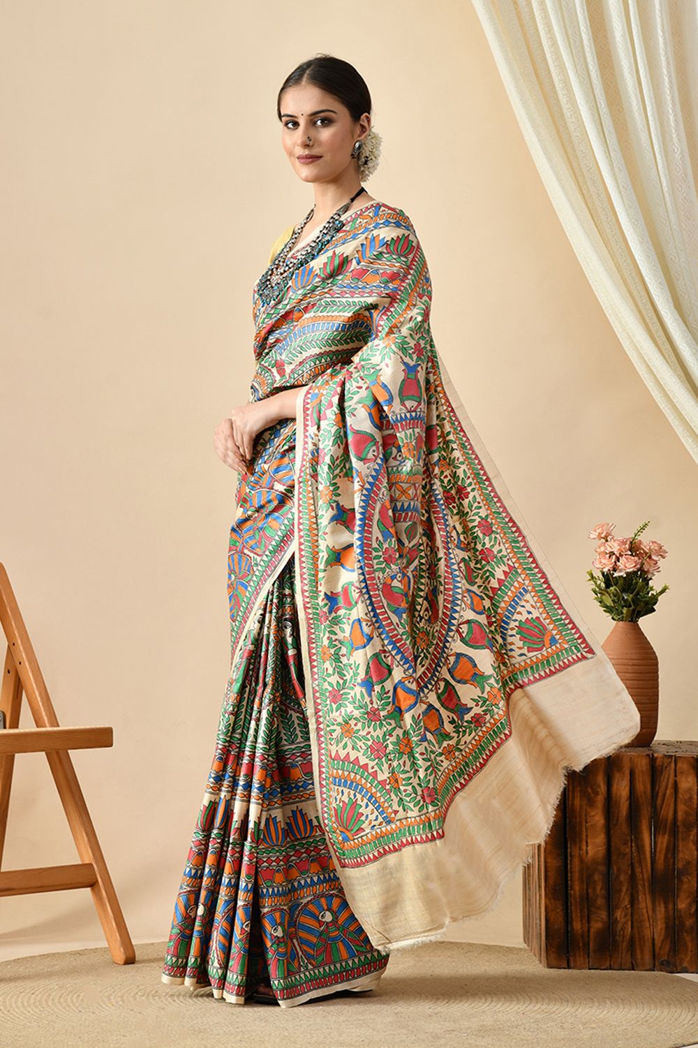 Eco-friendly handwoven pure tussar silk saree with natural dye, 6.5 mtr length, recommended dry clean to maintain quality.