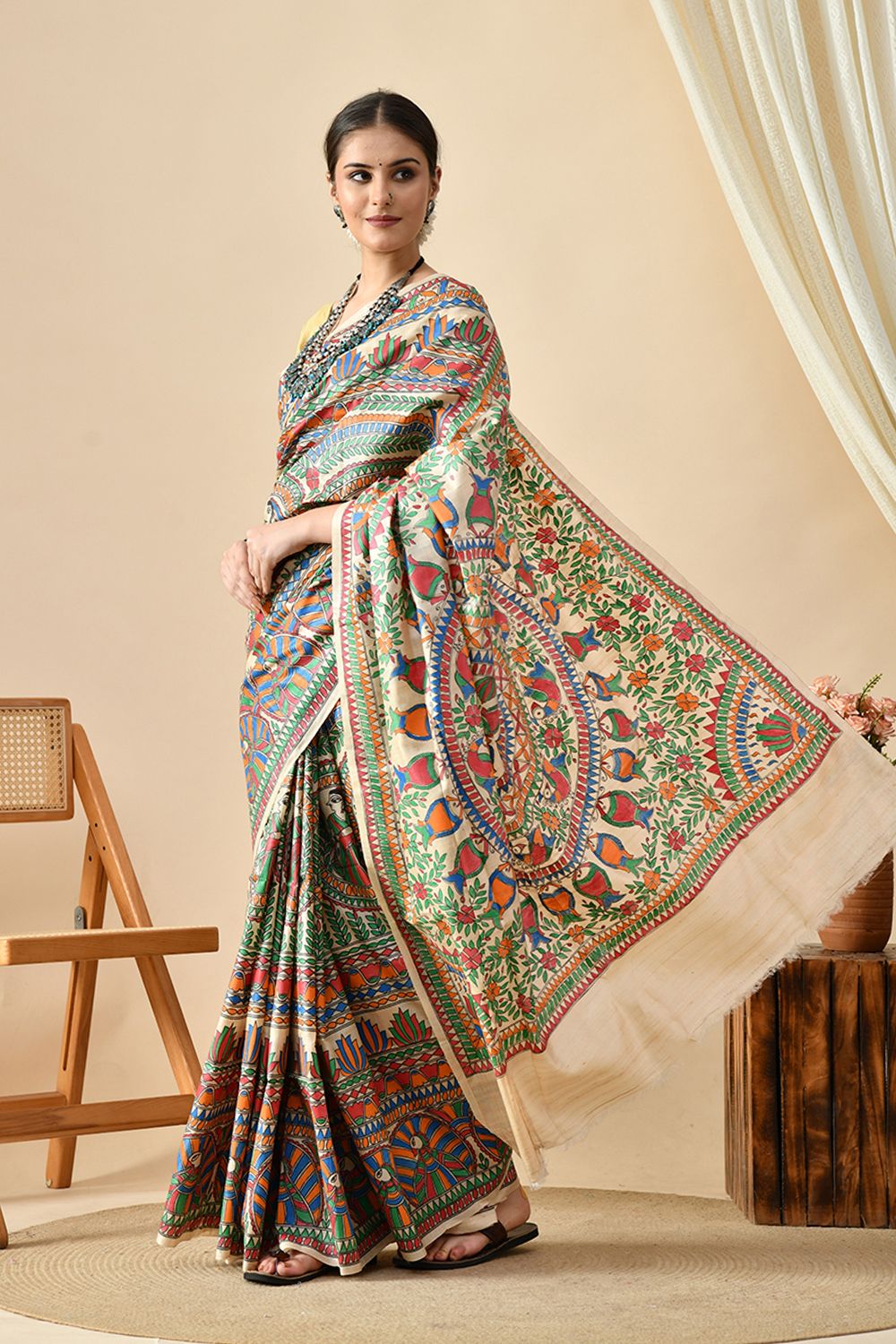 Eco-friendly handwoven pure tussar silk saree with natural dye, 6.5 mtr length, recommended dry clean to maintain quality.