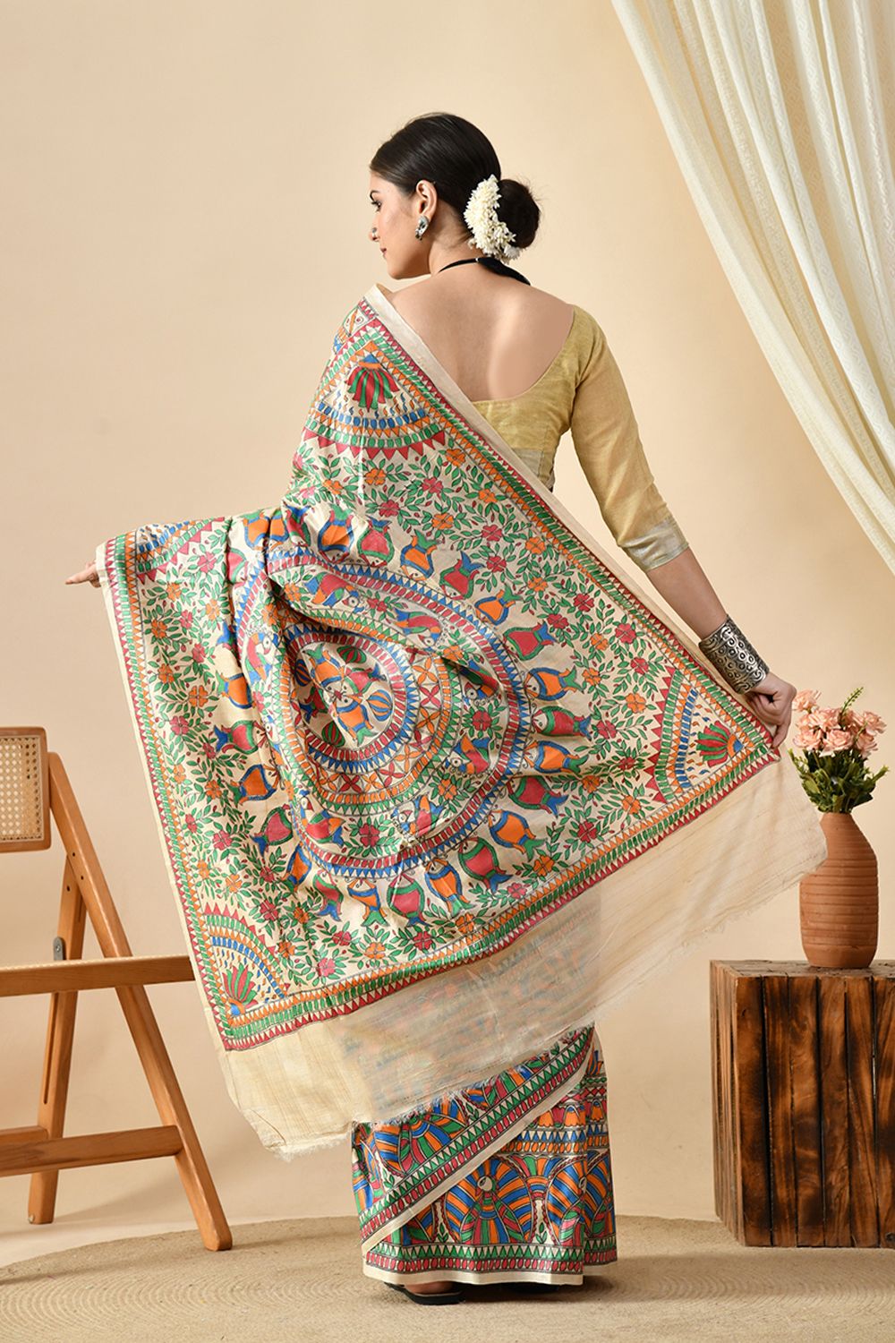 Eco-friendly handwoven pure tussar silk saree with natural dye, 6.5 mtr length, recommended dry clean to maintain quality.