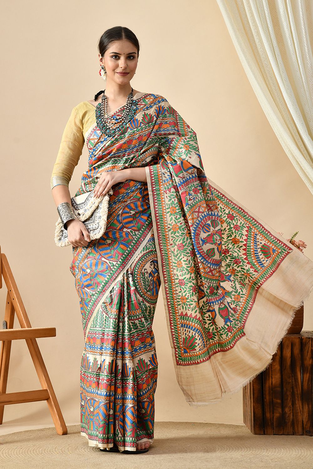 Eco-friendly handwoven pure tussar silk saree with natural dye, 6.5 mtr length, recommended dry clean to maintain quality.