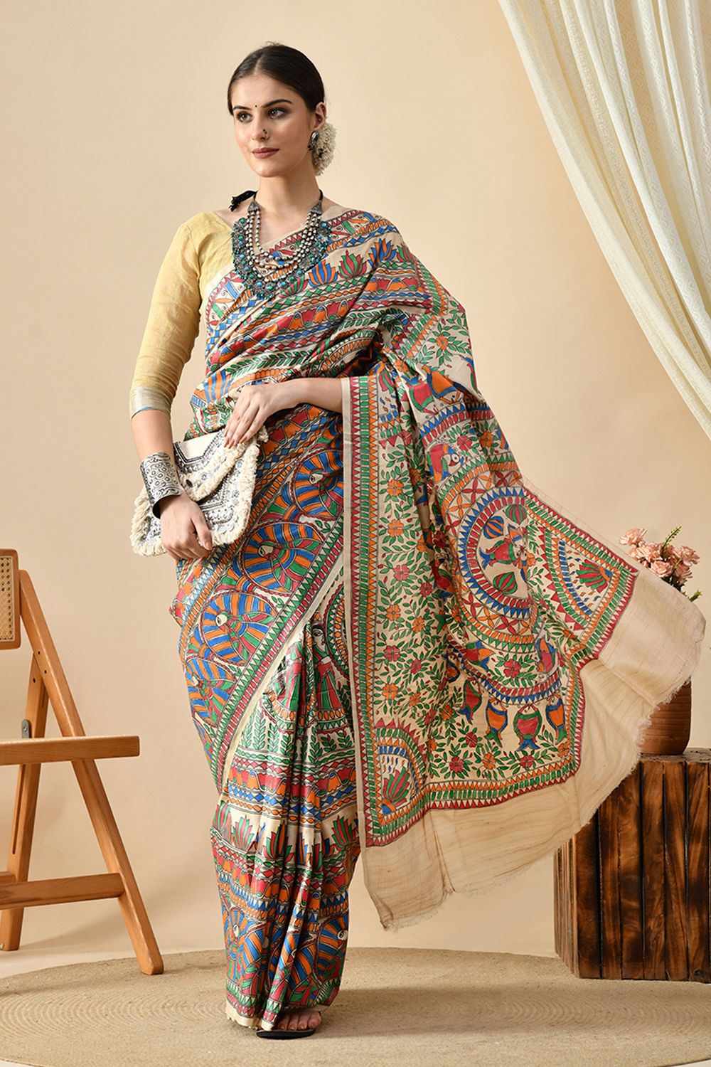 Eco-friendly handwoven pure tussar silk saree with natural dye, 6.5 mtr length, recommended dry clean to maintain quality.